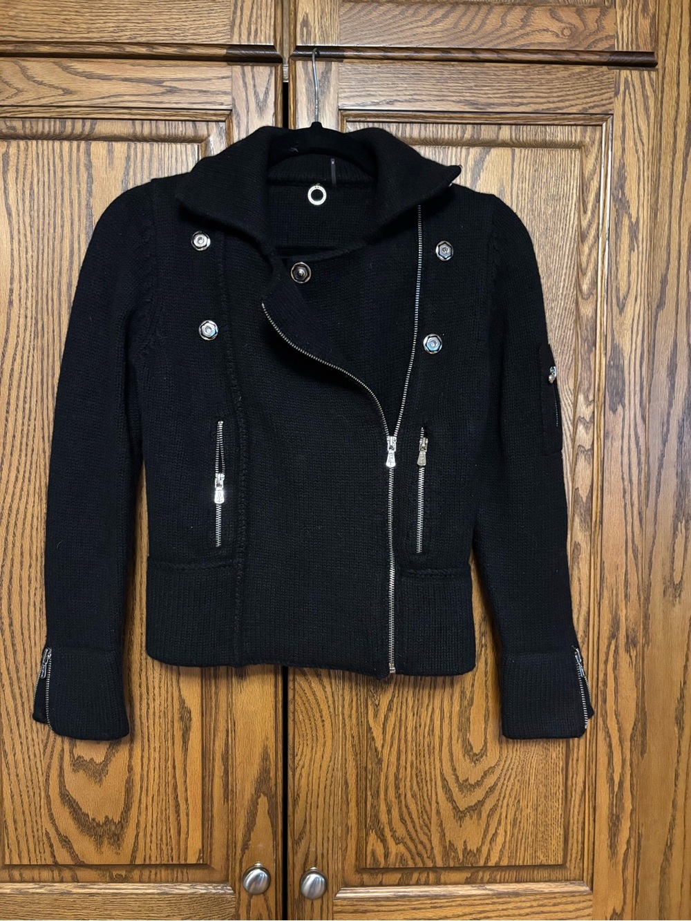 One Girl Who Black Knit Moto Jacket with Silver Zipper Accents